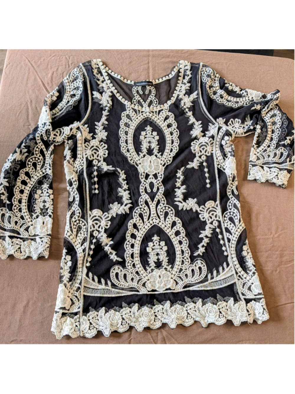 YouareNotAlone Black Mesh Embroidered Lace Boho Tunic Top Small Festival Romance - Picture 11 of 11